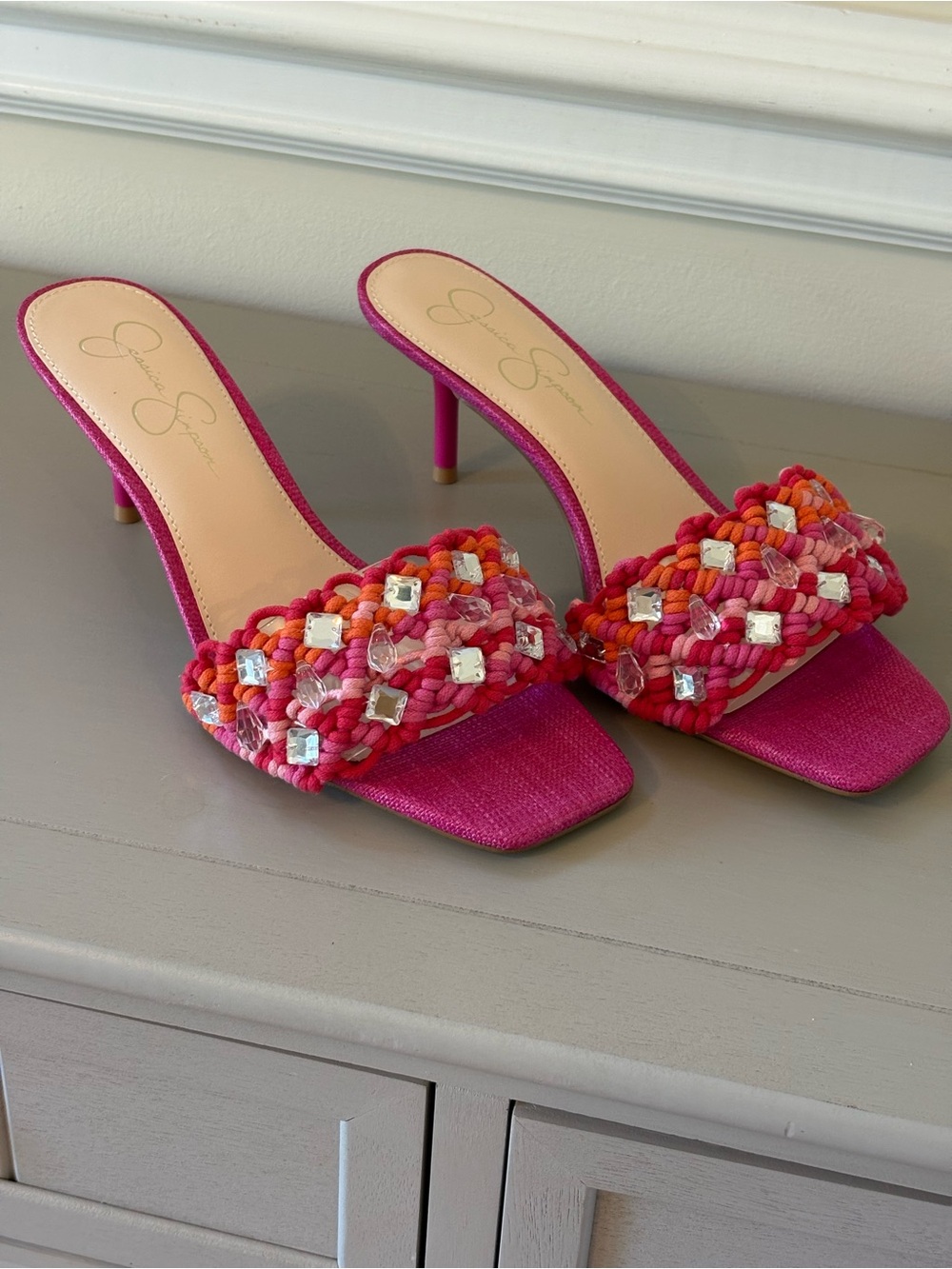 Jessica Simpson Fuchsia Braided Gem-Trim Slide Heels